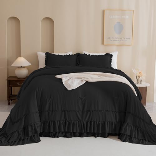 QSH Oversized King Comforter 128x120,3PCs Black Farmhouse Lightweight Ruffled Bedding Comforter Set Shabby Boho Chic California King Bed Comforter Set French Country Soft Microfiber Fluffy Bed Set QSH