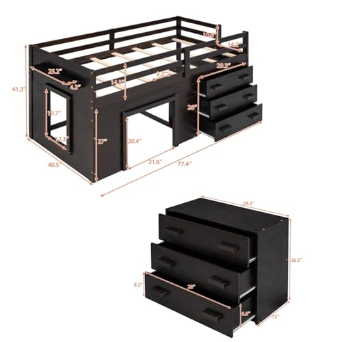 Merax Twin Wooden Loft Bed,Wood Bedframe for Kids Teens, Adults Bedroom with Cabinet, Shelf, Stairs, Espresso Merax