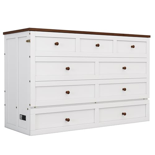 Harper & Bright Designs Full Size Murphy Bed, Wooden Full Murphy Bed Frame with Charging Station and Large Storage Drawer for Home Office/Small Room, White+Walnut Harper & Bright Designs