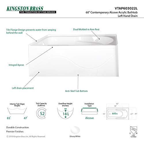 Kingston Brass Aqua Eden VTAP603022L 60-Inch Acrylic Anti-Skid Alcove Tub with Left Hand Drain Hole, White Kingston Brass