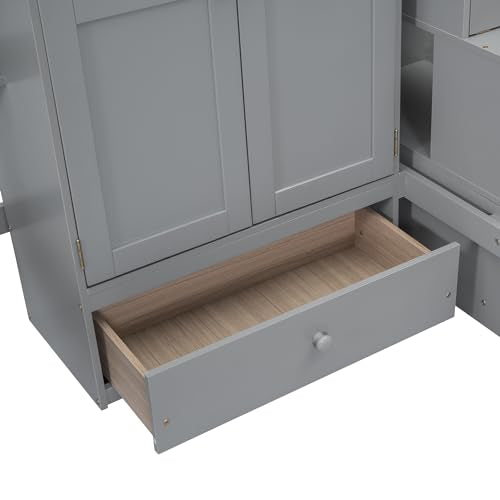Ball & Cast Full Size Loft Bed with Storage Ladder and Bookshelf,Wooden Bedframe w/Drawers & Wardrobe,Desk,Full-Length Guard Rail,Space Saving,Bedroom Furniture for Student Dorms,Gray Ball & Cast