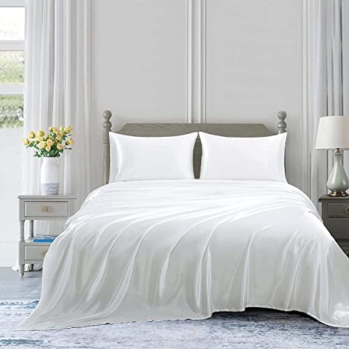 Homiest White Satin Twin Flat Sheet - Luxury & Ultra Soft Bedding for Twin Mattress, Single Flat Sheets Sold Separately Homiest