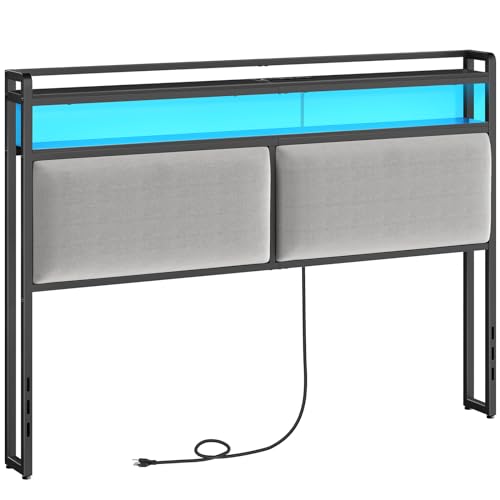 HOOBRO Queen Size Upholstered Headboard, Storage Headboard with Charging Station and Adjustable LED Lights, 2 Standard Outlets and 2 USB Ports, Queen Headboard Only, Easy Assembly, Black and Gray HOOBRO