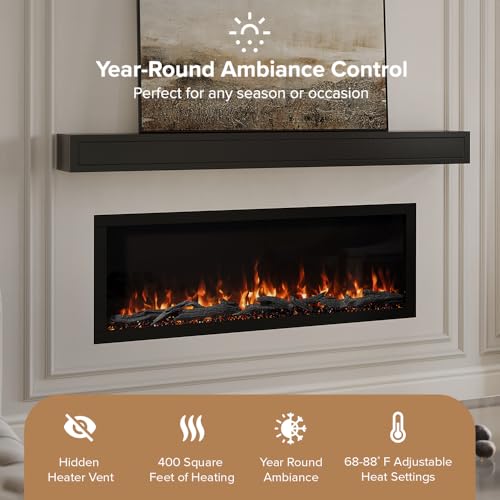 Modern Ember Highmark 50 Inch Smart Linear Electric Fireplace - Premium Flame with 10 Colors, Sleek Hidden Vent Design, Install Recessed in-Wall or Wall-Mount, WiFi Enabled Modern Ember