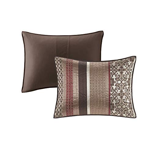 Madison Park Quilt Set Luxurious Jacquard Stripes Design - All Season, Coverlet Bedspread Lightweight Bedding Layer, Shams, Decorative Pillow, Full/Queen(90"x90"), Floral Red 5 Piece Madison Park