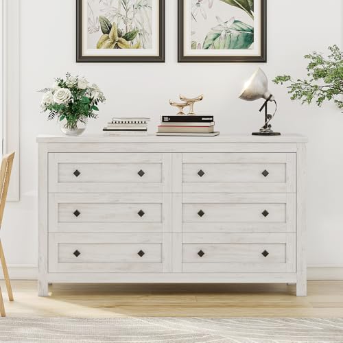 LUXOAK Farmhouse 6 Drawers Dresser, Wood Rustic Chest of Drawers for Bedroom, Closet Storage Dressers Organizer, 6 Drawers Chest for Living Room, Hallway, Rustic White LUXOAK