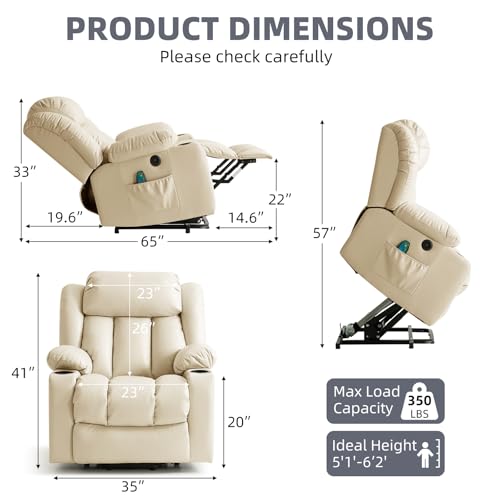 RESTREAL Power Lift Recliner Chair for Elderly, Electric Recliner Chairs for Adults with Massage and Heat, Cup Holders, Remote Control, USB Ports, Side Pockets, Leather (Cream) RESTREAL