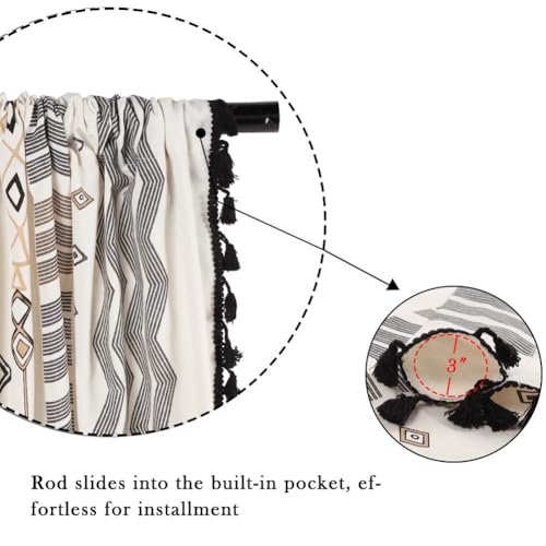 ColorBird Boho Curtains 108 Inches 2 Panels Semi-Blackout Black and White Curtains Cotton Linen Darkening Curtains with Black Tassel Rod Pocket Drapes for Living Bedroom, 59W x 108L Inch, 1 Pair ColorBird