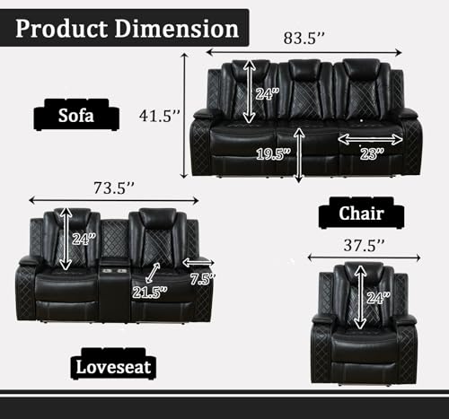 SITYRUBE Power Leather Recliner Sofa Set with LED Lights, Power Reclining Couch Set,Leather Living Room Sofa 3 Pieces with Coffee Table/Cup Holder for House/Home Theater(Black,6 Seater)