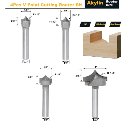 Akylin 4pcs Point Cutting Roundover Router Bit Set,1/4" Shank,Cutting Dia. 3/8“,3/8",1/2" and 1",Round-Over Plunge Cutter for Wood Engraving, 2D and 3D Carving Akylin