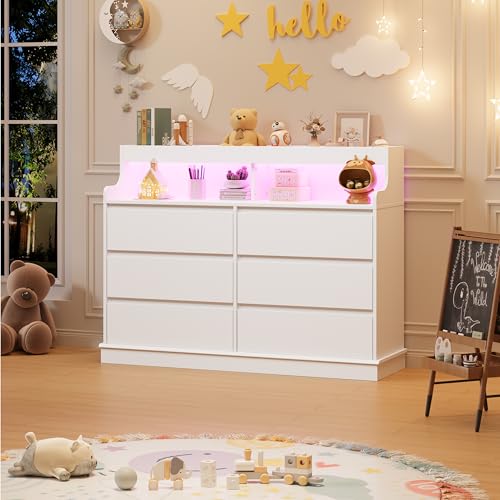 Dresser for Bedroom, 6 Drawer Dresser with LED Lights and Charging Station, Wide Chest of 6 Drawers with Open Space, Modern Large Capacity Storage Cabinet, Living Room, Hallway, White GarveeHome