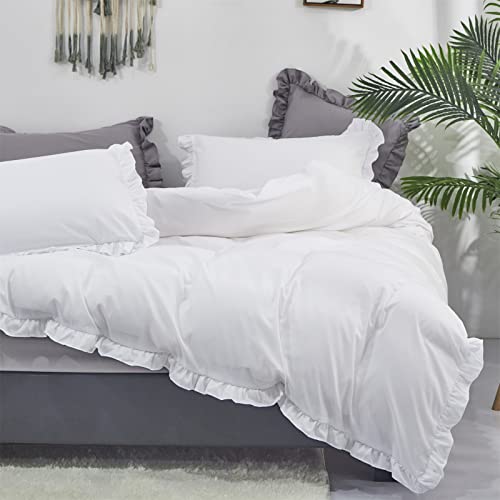 CLOTHKNOW White Ruffles Queen Comforter Set Farmhouse Bedding Comforter Sets Shabby Chic Comforter Soft Comforter with 2 x Pillow Cases CLOTHKNOW