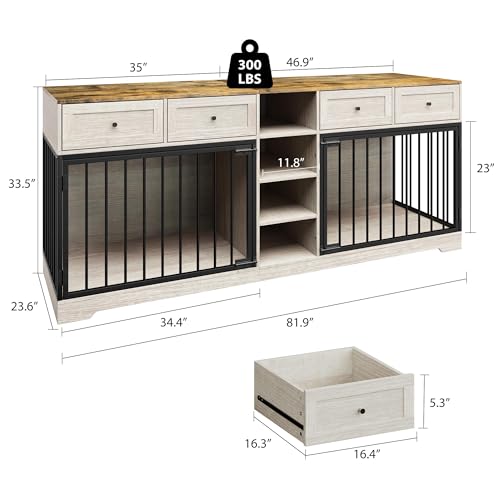 Takywep Double Dog Crate Furniture with Storage – 82" Large Indoor Kennel with 4 Drawers & 4 Shelves, Pet Crate TV Stand for Medium/Large Dogs, Washed White Takywep