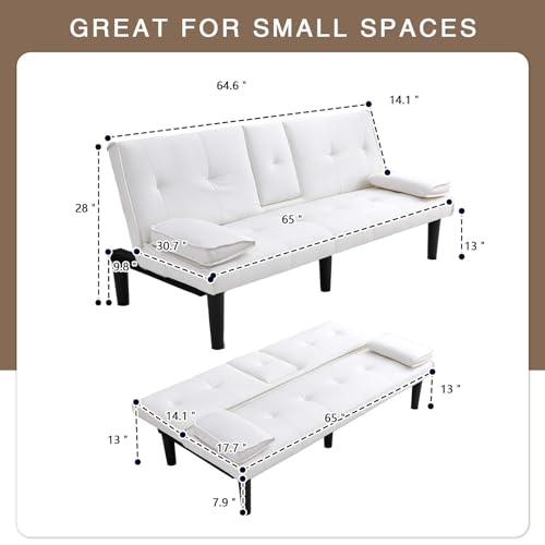 ODOLAR 67" Futon Sofa Bed,Convertible Sofa Bed with 2 Cup Holders,Sleeper Couch PVC Leather Removable Soft Armrest Small Couch for Living Room Apartments (White) ODOLAR