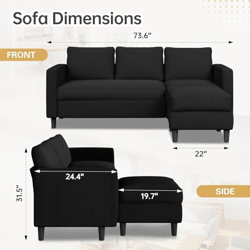 JAMFLY Couches for Living Room, 3-Seat Reversible Sectional Sofa with Convertible Ottoman, Modern Ribbed Fabric L-Shaped Couch for Small Apartment, Studio & Office, Easy Assembly, Black JAMFLY