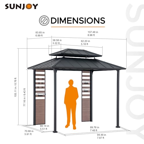 Sunjoy 7 x 9 ft. Grill Gazebo, 2-Tier Hardtop Gazebo Pergola with Ceiling Hooks and Storage Shelves, Matte Black Sunjoy