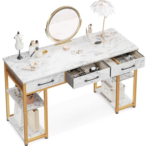 ODK Vanity Desk with Fabric Drawers & Storage Shelves, Makeup Dressing Table, Home Office Desks for Bedroom, Modern Writing Desk,White Marble and Gold Leg, 48"x16" (No Mirror) ODK