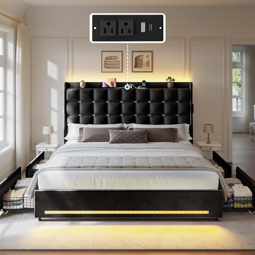 YITAHOME Queen Size Bed Frame with 4 Drawers and RGB LED Lights, Velvet Upholstered Platform Bed with Charging Station and Storage Headboard, No Box Spring Needed, Easy Assembly, Black YITAHOME