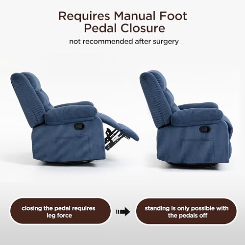 360° Swivel Rocker Recliner Chair for Adults, Nursery Manual Reclining Chair with Arms and Back, Upholstered Glider Rocking with Side Pockets for Living Room, Bedroom Nursing use, Corduroy, Blue