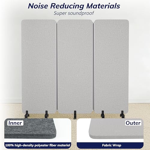 KERRAM 3 Panel Foldable Office Partitions, Mobile Cubicle Wall with Wheels, 71 x 66 Inch Noise Cancelling & Sound Proof Room Dividers Partition Wall, Aluminum Frame Gray KERRAM