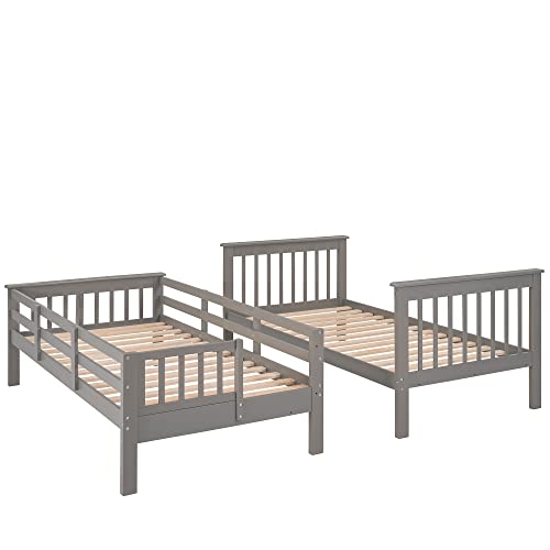 Harper & Bright Designs Twin Over Twin Bunk Bed with Storage Staircase, Wood Bunk Bed with Full-Length Fence Kids, Teens & Adults, Convertible Bunk Beds, Gray Harper & Bright Designs
