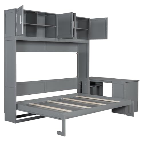 Merax Queen Size Wall Murphy Bed with Desk and Storage Shelves and Big Cabinets for Guest Room, Bed Room, Guest Room, Home Office, Gray Merax