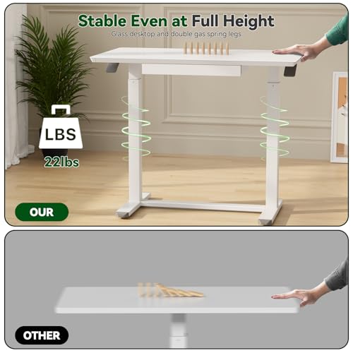 Gibbon Mounts Glass Standing Desk with Drawers,35inch Small Mobile Laptop Desk, Height Adjustable Rolling Sit Stand Desk, White Pneumatic Portable Computer Desk with Hidden Wheels or Lockable Casters Gibbon Mounts
