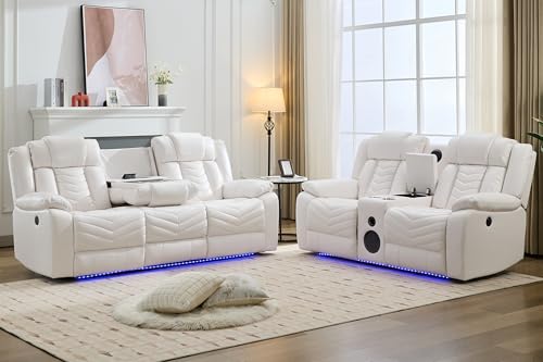 Power Recliner Sofa Set 5-Seater with Zero Gravity,Bass Speaker,Wireless Charger,USB/Type-C Ports,LED Lights,Cup Holders,Faux Leather Electric Reclining Loveseat Couch Recliner Sets,2 Piece,White