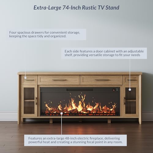 BELLEZE 74 Inch Rustic TV Stand with 48" Electric Fireplace, Extra Large Entertainment Center with Storage Cabinets & 4 Drawers, Media Console Table for Living Room Bedroom (Camel) BELLEZE