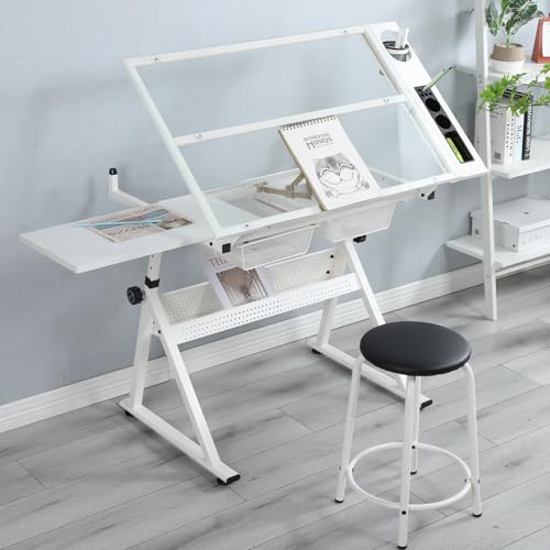 BAOMKONG Drafting Table and Stool Set, Tempered Glass Drawing Table with Adjustable Tabletop and Height Art Table for Artist Painters Home Office, White BAOMKONG