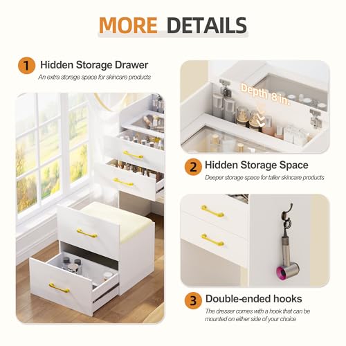 Gurexl 3 in 1 Vanity Desk with Flip Top Mirror for Bedroom,Small Compact Vanity with Visible Glass Desktop for Cloakroom,Makeup Vanity Set with 3 Drawers,Cushioned Stool,Dressing Table,White Gurexl