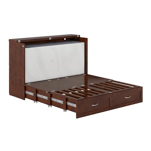 AFI, Marion Queen Wood Murphy Bed Chest with 6" Mattress, Storage Drawer, & Built-in Charger, Walnut AFI