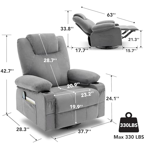 Weture Swivel Rocker Recliner Chair with Heat and Massage, Big Oversized Rocking Single Sofa for Living Room, 360 Degree Swivel Recliner Chair with Cup Holders and USB Port (Fabric, Grey) Weture