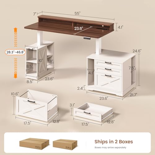 SEDETA Farmhouse Electric Standing Desk, 55" Height Adjustable Computer Desk with 3 Drawers, File Cabinet, Storage Shelves, Power Outlets, Wood Home Office Desk for Work, Study, Writing, White SEDETA
