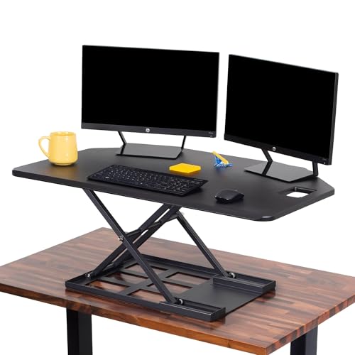 X-Elite Pro 40" Corner Standing Desk Converter with Pneumatic Lift | Adjustable Sit to Stand Riser, L-Shaped Desks & Cubicles | Fully Assembled Computer Workstation (Matte Black) Stand Steady