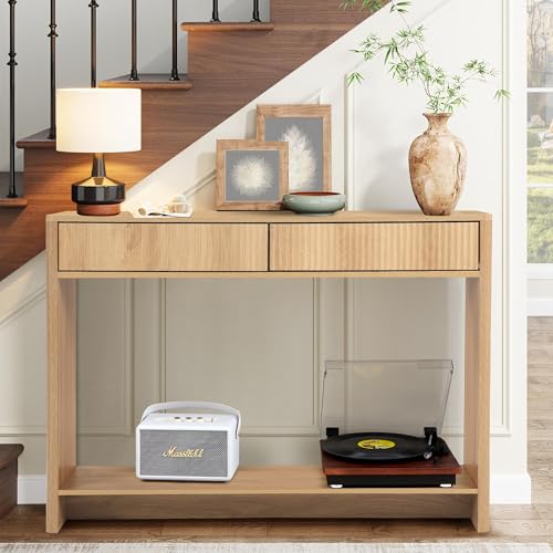 Entryway Table with Storage, Narrow Console Table with Drawers, 43.3' Couch Table Behind Sofa Long and Skinny for Living Room TV, Hallway Entrance Foyer, Mid Century Modern Boho Fluted Console Table affeivul