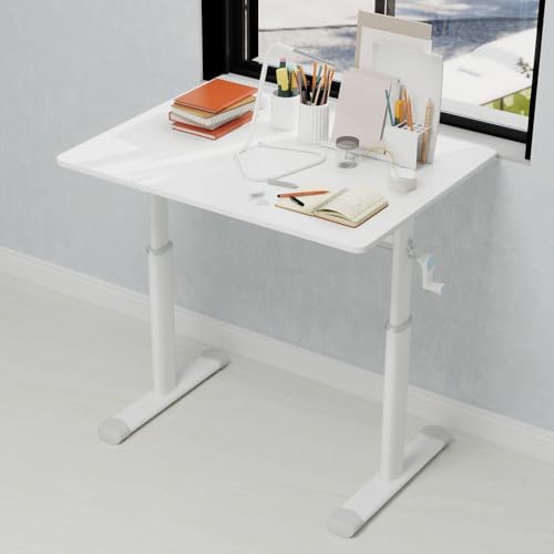 Penau Height Adjustable Study Desk, Manual Crank Standing Desk for Home Office and Kids, Minimalist White Engineered Wood Top with White Iron Frame, Compact Rectangular 32.68 x 23.62 x 35.43 Inchs Penau