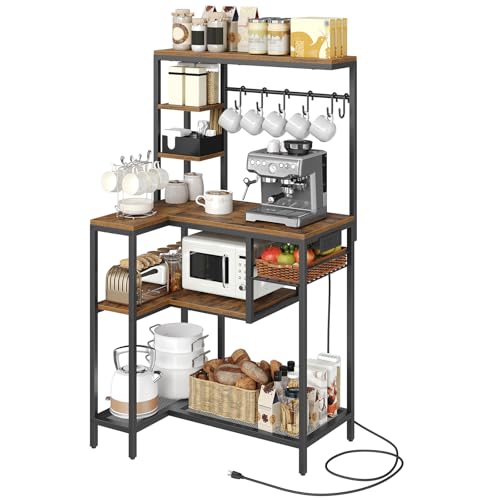 YATINEY Coffee Bar, Bakers Rack with Power Outlet, Large Microwave Stand with Wire Basket and 6 Hooks, Kitchen Storage Rack, Versatile Coffee Station for Living Room, Home Cafe, Rustic Brown HB10UBR