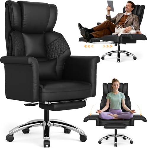 Ergonomic Office Chair with Footrest, Criss Cross Legged Desk Chair with Flip-Up Arms, Wider Thicker Spring Seat, Lumbar Pillow, Pet-Friendly, 500LBS Big and Tall Heavy-Duty Executive Leather Chair SUNNOW