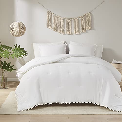 Codi White Boho Twin Comforter Set for Girls, Aesthetic Luxurious Pom Fringe Design Bedding,Cute Soft Washed Microfiber Bed Sets, Lightweight Chic,1 Comforter & 1 Pillowcase Codi