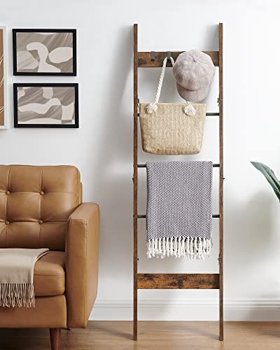 Hzuaneri Blanket Ladder Shelf for Living Room, Decorative Wood Quilt Rack with 4 Removable Hooks, 5-Tier Farmhouse Ladder Holder Organizer for Bedroom, Rustic Brown 02101BBR Hzuaneri