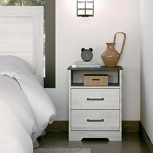 Prepac Rustic Ridge Farmhouse Nightstand with 2 Drawers and an Open Cubby, Wooden Bedside Table for Bedroom, Office, or Living Room, 16.25in x 18.75in x 24.5in, Washed White Prepac