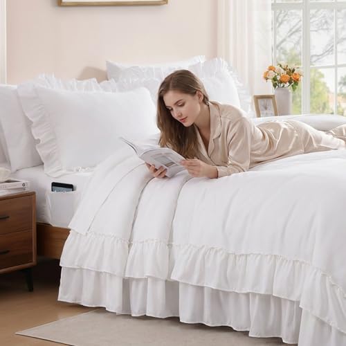 AMBERSPACE Queen Comforter Set White, Ruffle Shabby Chic Bedding Set Farmhouse 7 Pieces, All Season Fluffy Bed in a Bag with Sheets, Pillowcases & Shams AMBERSPACE