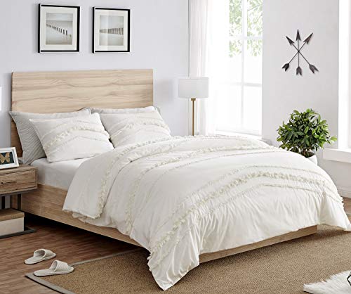 Bohemian Boho Chic Ivory Macrame Tufted Tassel 2 pc. Twin / Twin XL Size Bed Bedding Set Duvet Comforter Cover / Sham Solid Cream Textured Minimalist Off White Cotton Fringe Farmhouse Indie Dorm Teen KB & Me