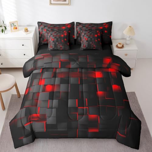 Feelyou Red and Black Bedding Set Full Size Light Geometric Comforter Set with Sheets 7 Piece for Kids Boys Girls Decor Bed in a Bag Modern Bed Set Feelyou