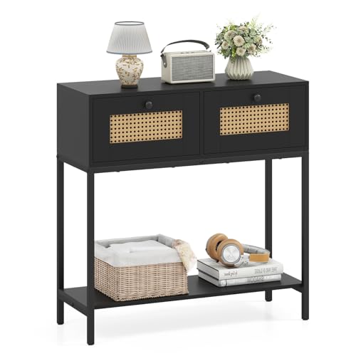 COSTWAY Rattan Console Table, Boho Narrow Sofa Table with 2 Storage Drawers and Open Shelf, 3-Tier Entryway Table with Sturdy Metal Frame for Living Room, Hallway, Foyer, 32 Inch (Black) COSTWAY