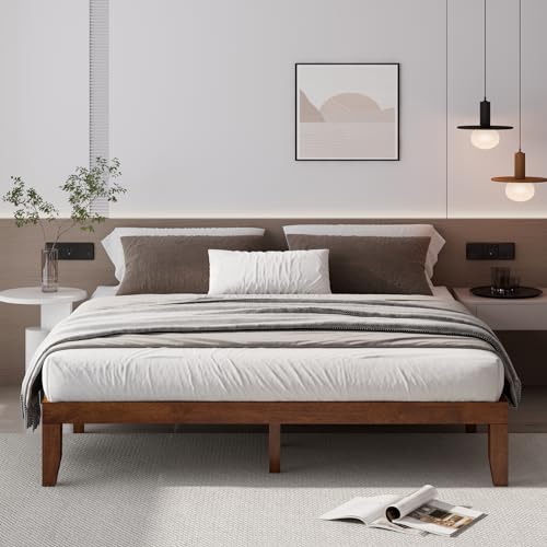 Giantex 14-Inch King Walnut Wood Platform Bed Frame – Minimalist Mattress Foundation with Heavy-Duty Slat Support Giantex