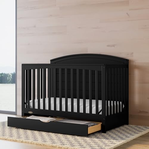 Graco Bellwood 5-in-1 Convertible Crib with Drawer (Black) - GREENGUARD Gold Certified, Full-Size Storage Drawer, Converts to Toddler Bed and Full-Size Bed STORK CRAFT