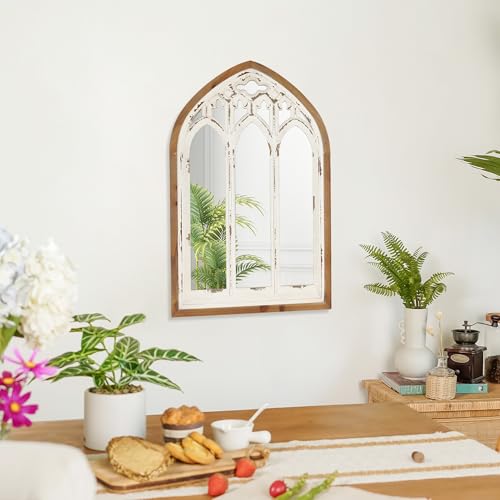 Synovana Arch Window Wall Mirror - Farmhouse Cathedral Wall Decor with Wooden Frame for Entryway Hallway Living Room - 16.14" x 1.38" x 25.2" Synovana