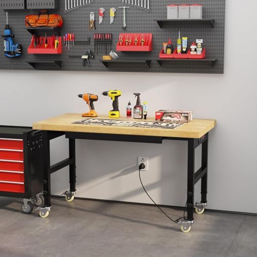 Pelnuies 48" Heavy Duty Work Bench with Drawers, Adjustable Height Workbench with Wheels, 2000 LBS Capacity Work Table with Power Outlets for Garage, Workshop, Office, Home Pelnuies